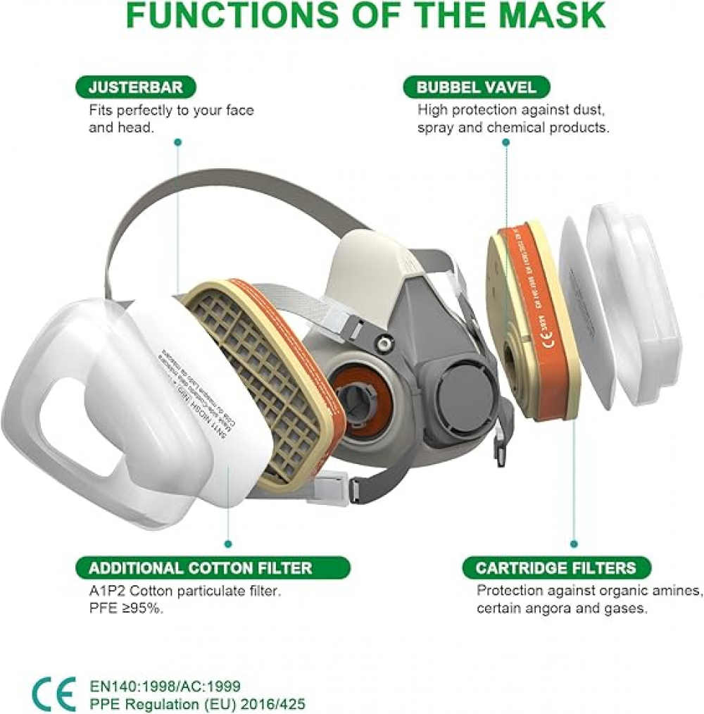 Masque de protection A1P2 avec lunettes de sécurité et 10 filtres pour la peinture, la résine époxy, le bricolage, le ponçage, le soudage, la pro - 3
