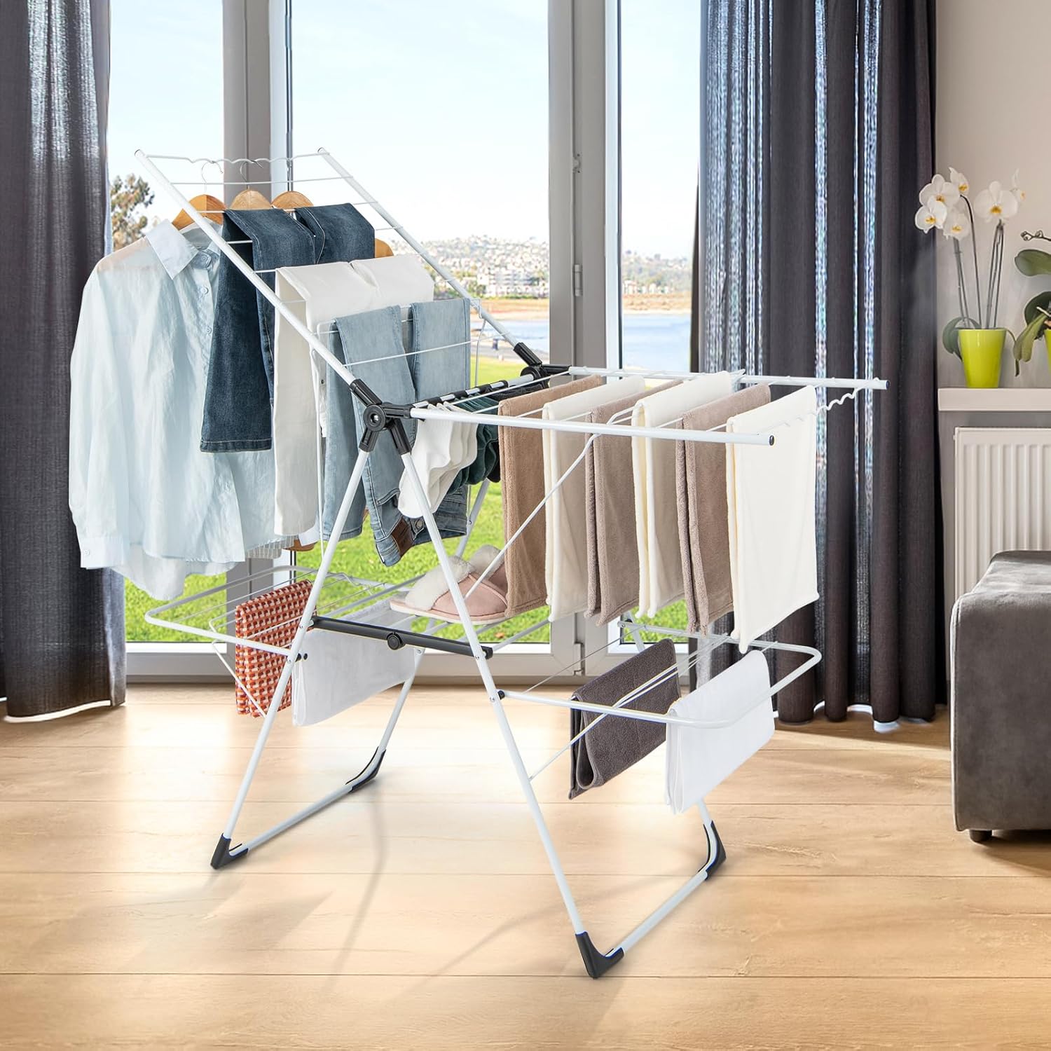 Etendoir Linge Interieur Pliable, Sechoir a Linge 2 Niveaux en Métal, 33 Barres, 4 Ailes Réglables, Pinces à Chaussettes, Intérieur Extérieur - 3