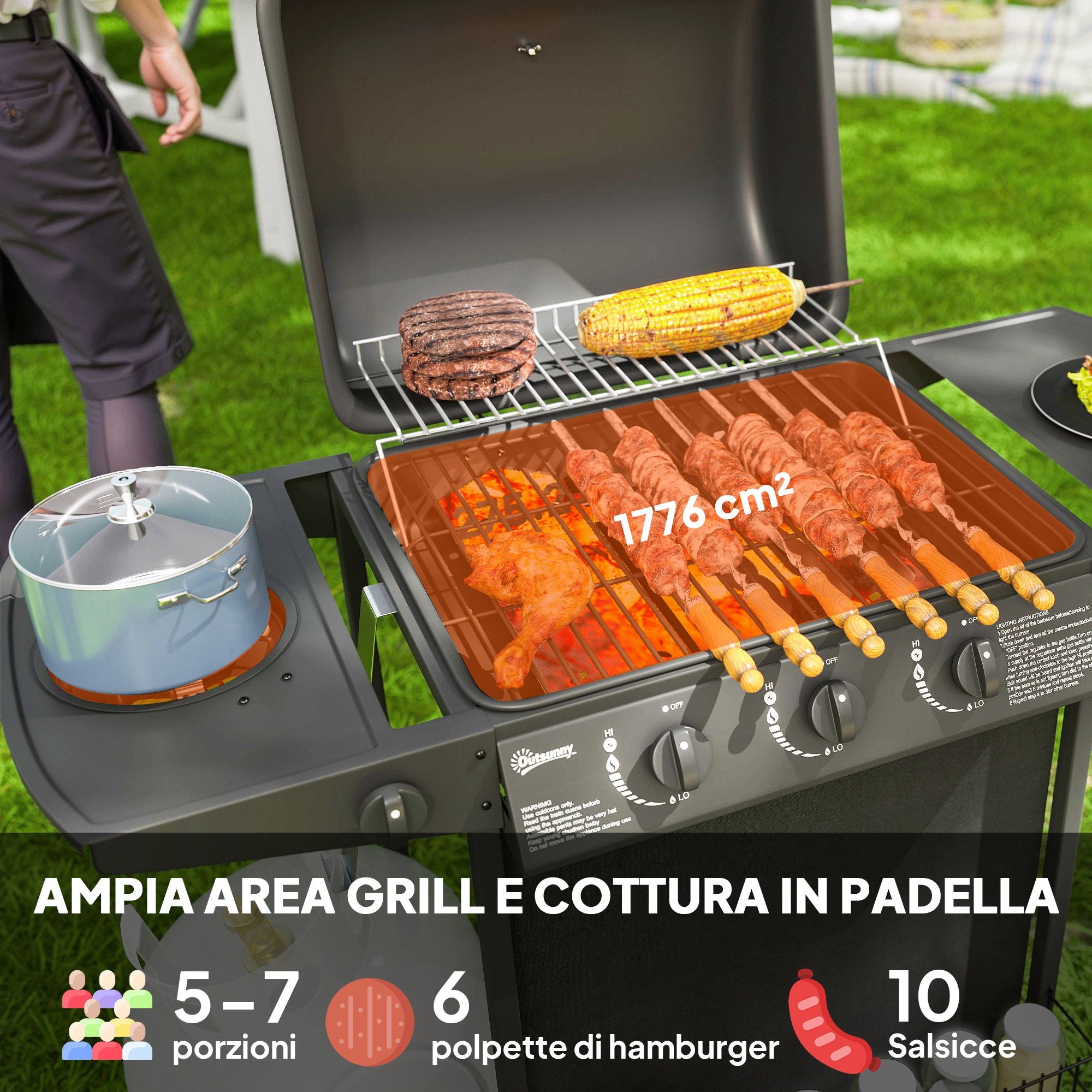 Outsunny Barbecue a Gas con 4 Bruciatori Indipendenti e Coperchio con Termometro, 108x54x97 cm, Nero - 4