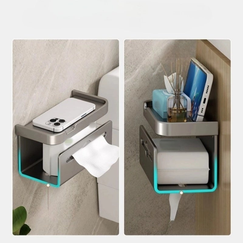 Uchwyt na papier toaletowy do łazienki, uchwyt na rolkę papieru, dozownik papieru toaletowego, bez wiercenia, półka, 17*10.2*12cm - Szary - 4