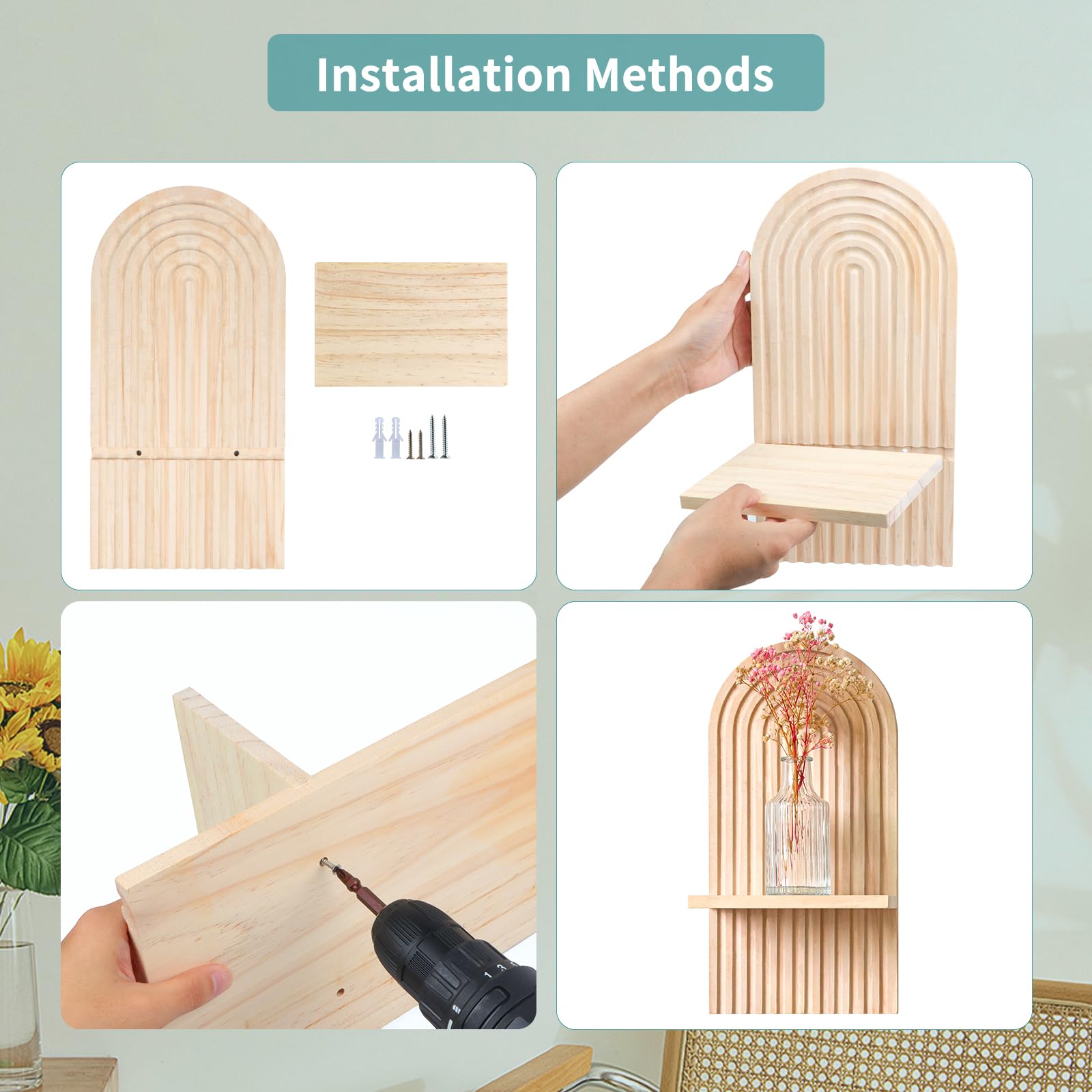 2 pcs Étagères en Bois pour la Décoration Murale Étagère Murale Bohème Moderne Support Mural en Bois bohème Style étagère pour la Cuisine,la Chambre - 4
