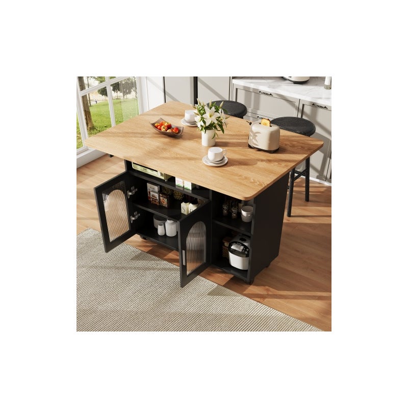 Nowoczesna wyspa kuchenna z wyjmowanym wózkiem, wielofunkcyjnym stołem i miejscem do przechowywania – konstrukcja z drewna, składana konstrukcja