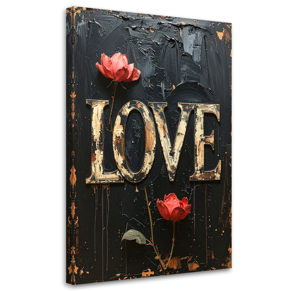Obraz do salonu sypialni biura, Napis Love kwiaty Typografia retro 20x30