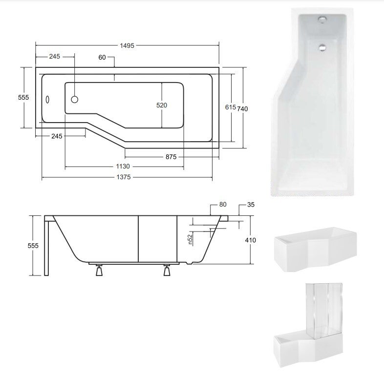 Baignoire asymétrique de 150 x 75 cm - Blanc - Droite - avec Pare Baignoire 3 Volets - INTEGRA - 3