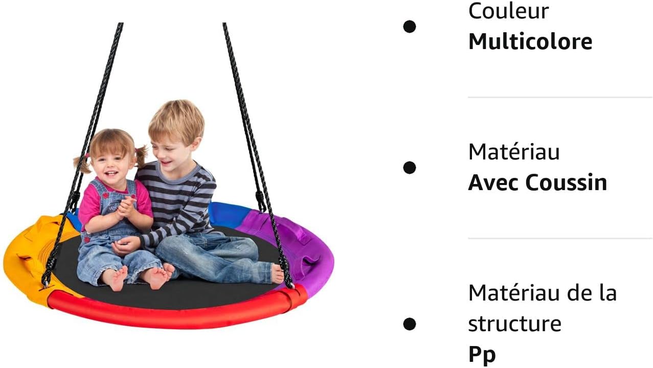 Balancoire Nid d’Oiseau Rond, Balancoire de Jardin en Tissu Oxford et PP, Ø100CM,Charge Maximale 150KG, pour Enfant/Adulte(Multicolore(avec Coussin)) - 9