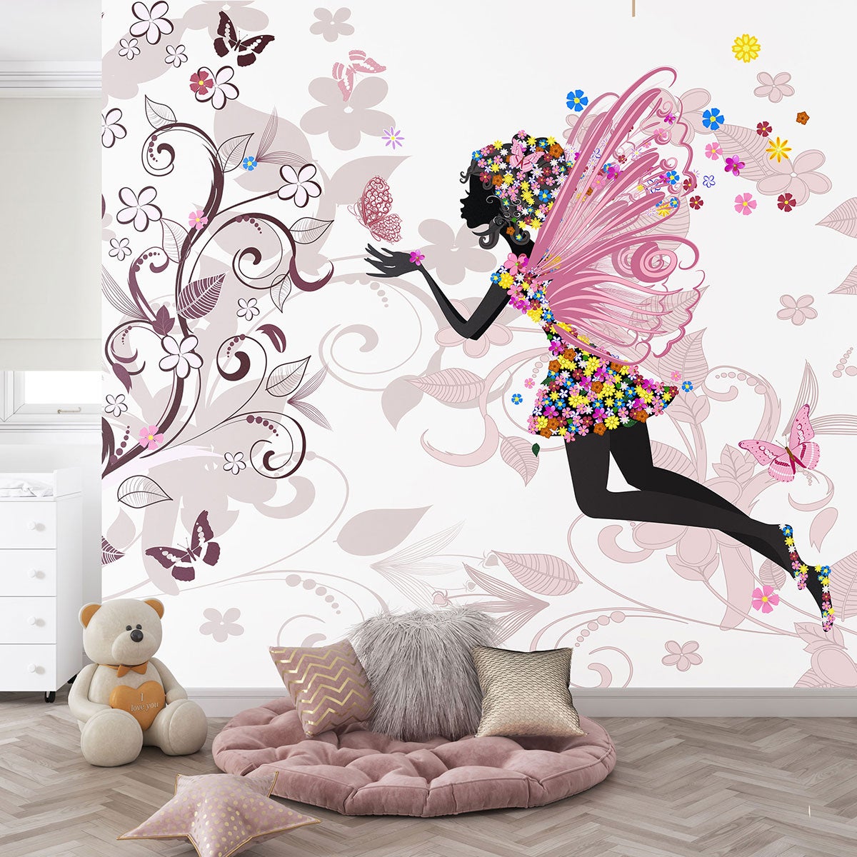 Papier Peint Amovible Princesse Fée - Rose, 144x50 Pouces (12x4 Pieds), Brillant, Facile à Retirer - Neuf