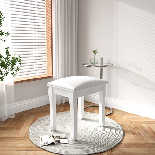 Taburete de tocador de madera y poliuretano, sin respaldo, con patas antideslizantes, color blanco