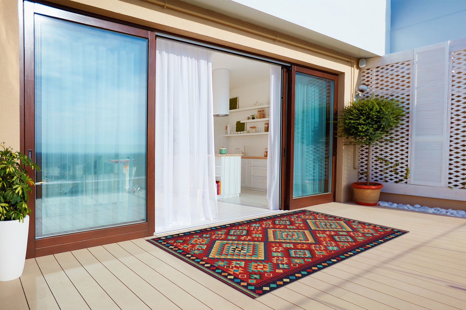 Tapis vinylique extérieur décoratif triangles rétro multicolores style vintage terrasse 100x50 – Tulup - 5