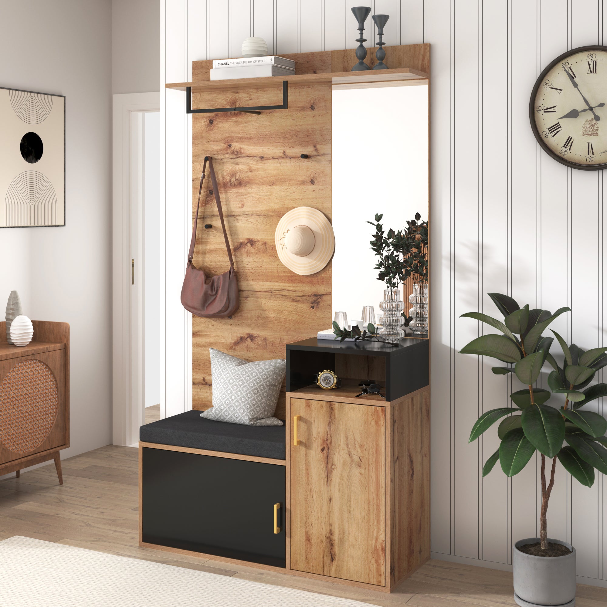 Meuble d'Entrée avec Banc, Rangement Chaussures, Miroir et Porte-Manteaux, Placard Chaussures ( 9-12 paires ) - 105x40x190.5 cm - Noir - 4