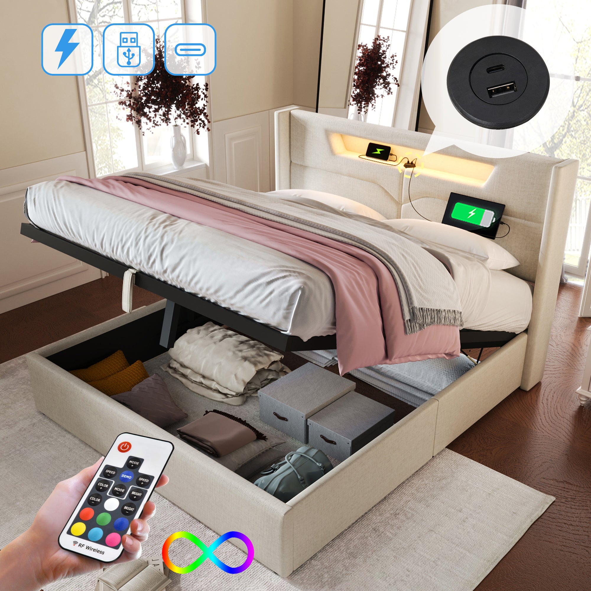 Cama arcón doble, lino, carga USB tipo C e iluminación LED, (140 x 200 cm, beige, sin colchón) - 2