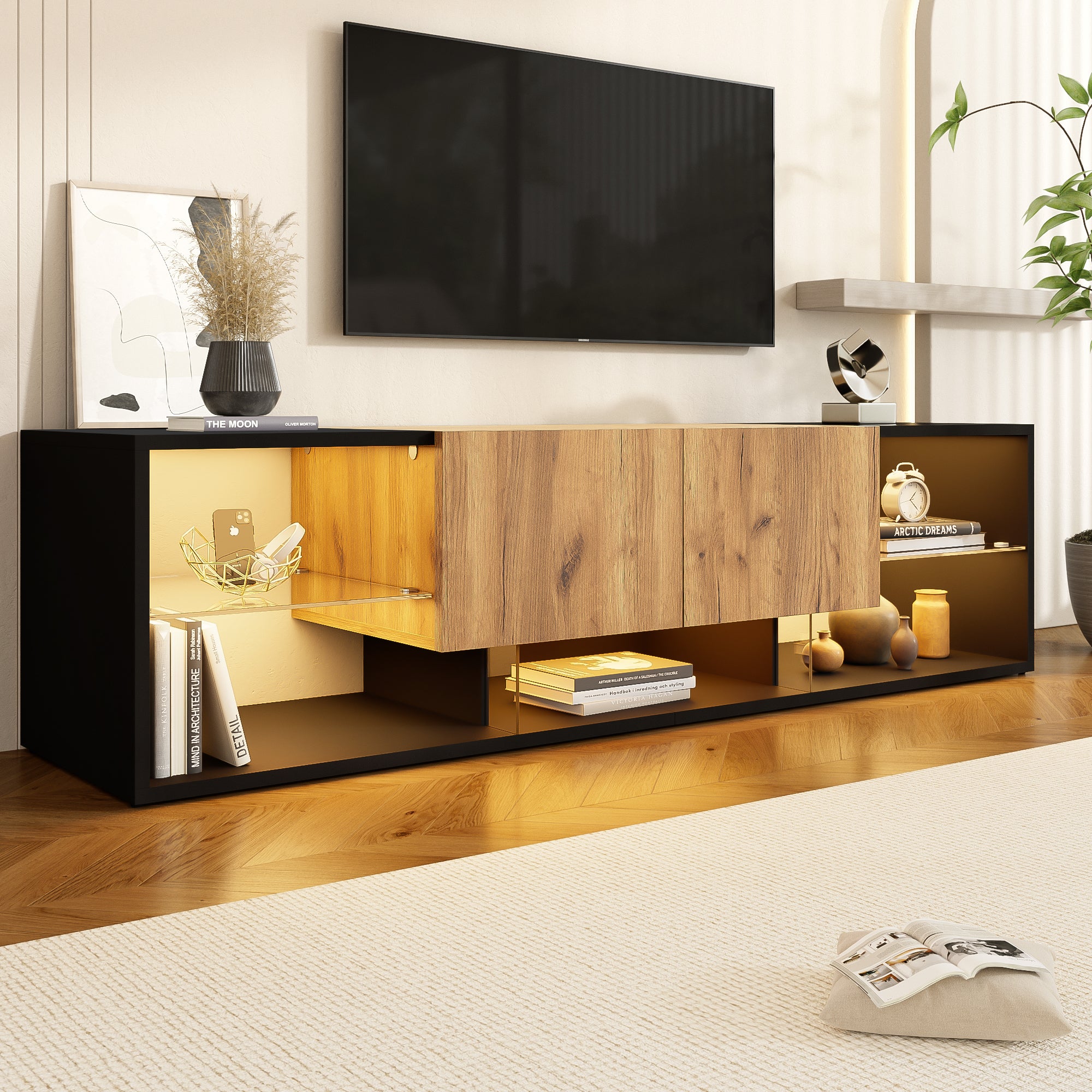 Meble pod TV 160x40x42 cm - z 2 szufladami - Szklane półki - z oświetleniem LED - Płyty wiórowe - Czarny - 2