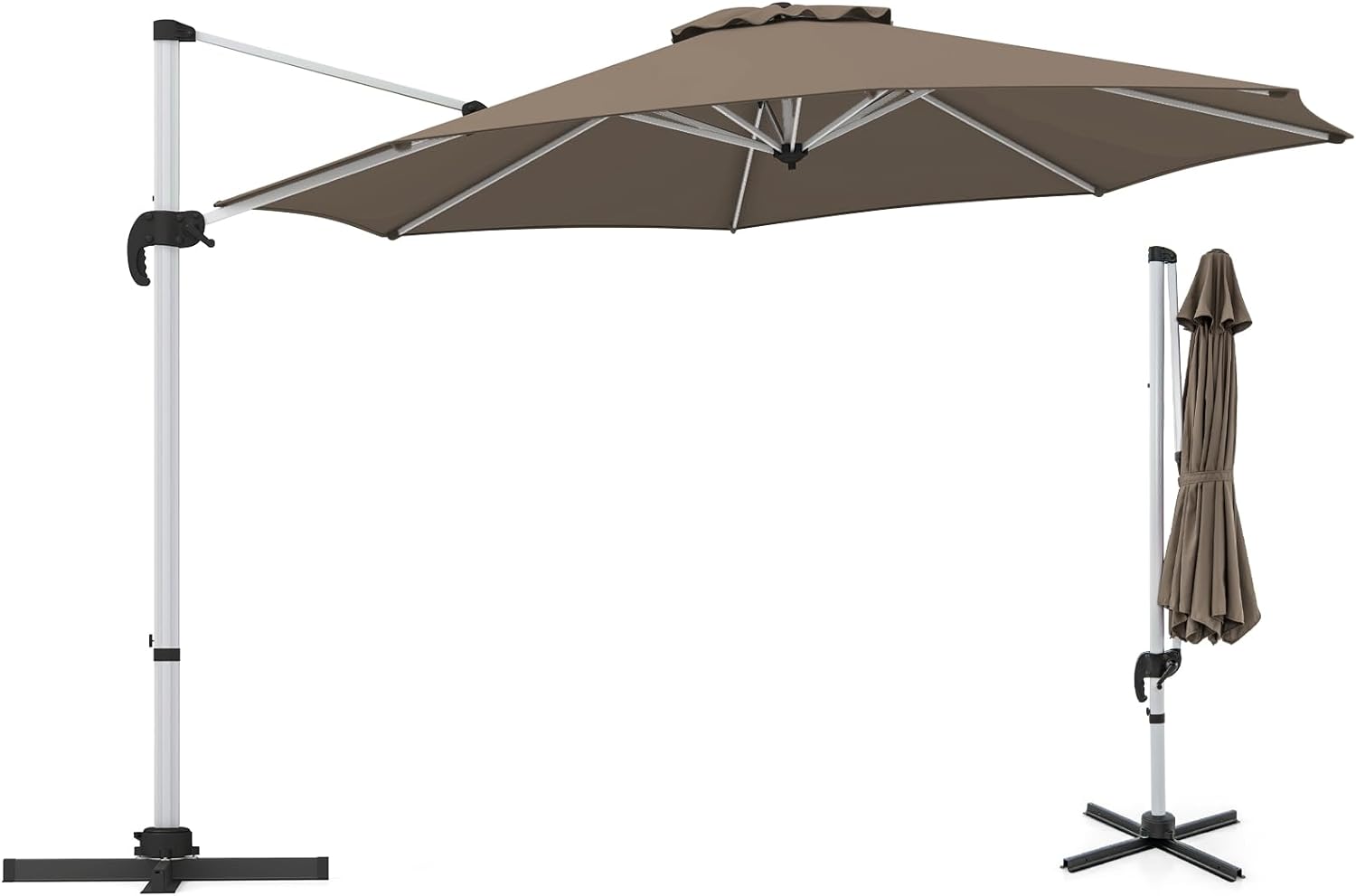 Parasol Ogrodowy 3 m, Parasol z Wysięgnikiem, 8 Żeber, Podwójna Czasza, Obrót o 360 Stopni, Podstawa Krzyżowa, Wys. 2,6 m, Brązowy