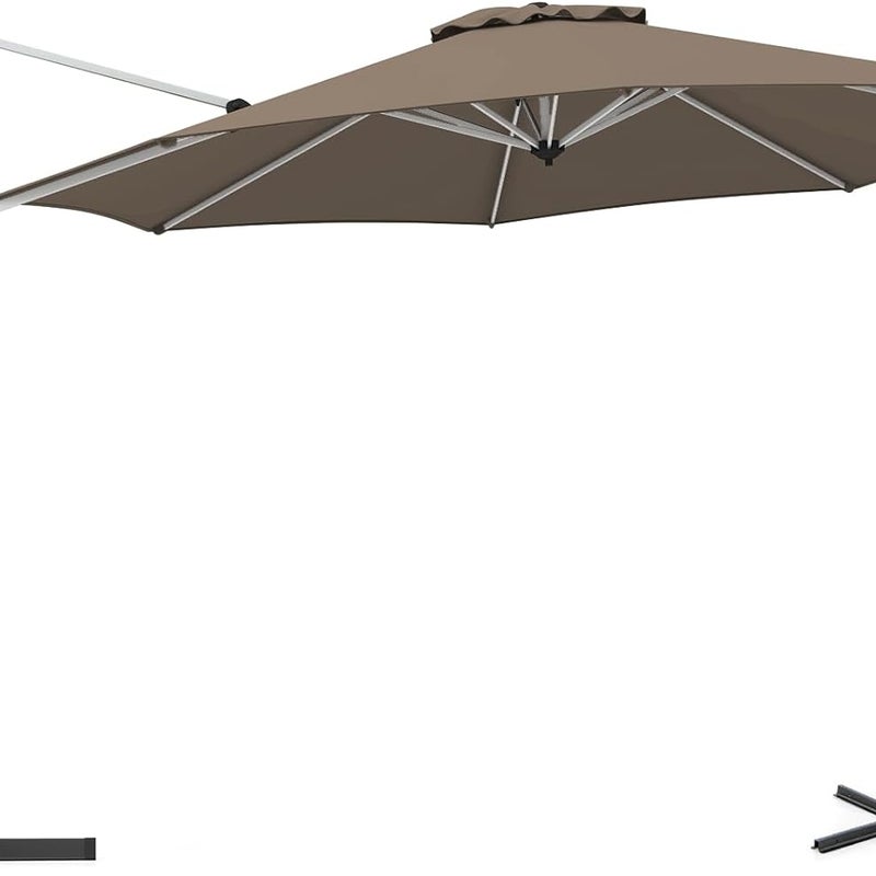 Parasol Ogrodowy 3 m, Parasol z Wysięgnikiem, 8 Żeber, Podwójna Czasza, Obrót o 360 Stopni, Podstawa Krzyżowa, Wys. 2,6 m, Brązowy