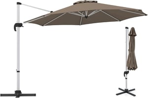 Parasol de Jardin 3m, Parasol Déporté Inclinable, 8 Baleines, Double Auvent, Rotatif à 360Degres, Base Croisée, H.2,6m, Marron