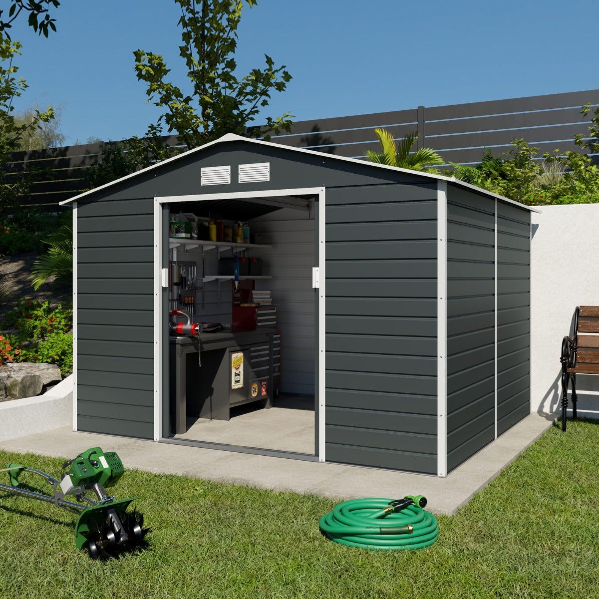 Abri de jardin métal gris 6,5 m2 + kit d'ancrage Leroy Merlin — free download