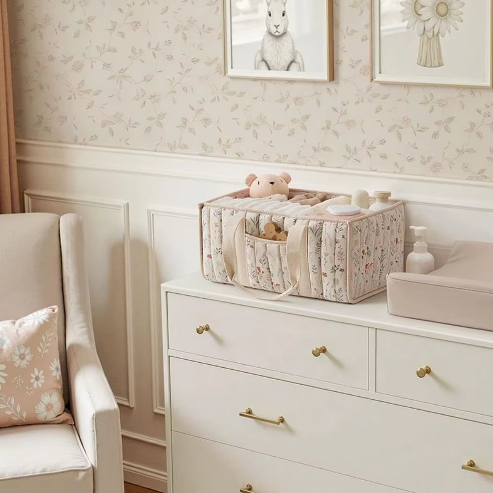 NICOLA Organisateur de caddie à couches,panier de rangement pour chambre d'enfant,registre de bébé indispensable,Beige floral - 6