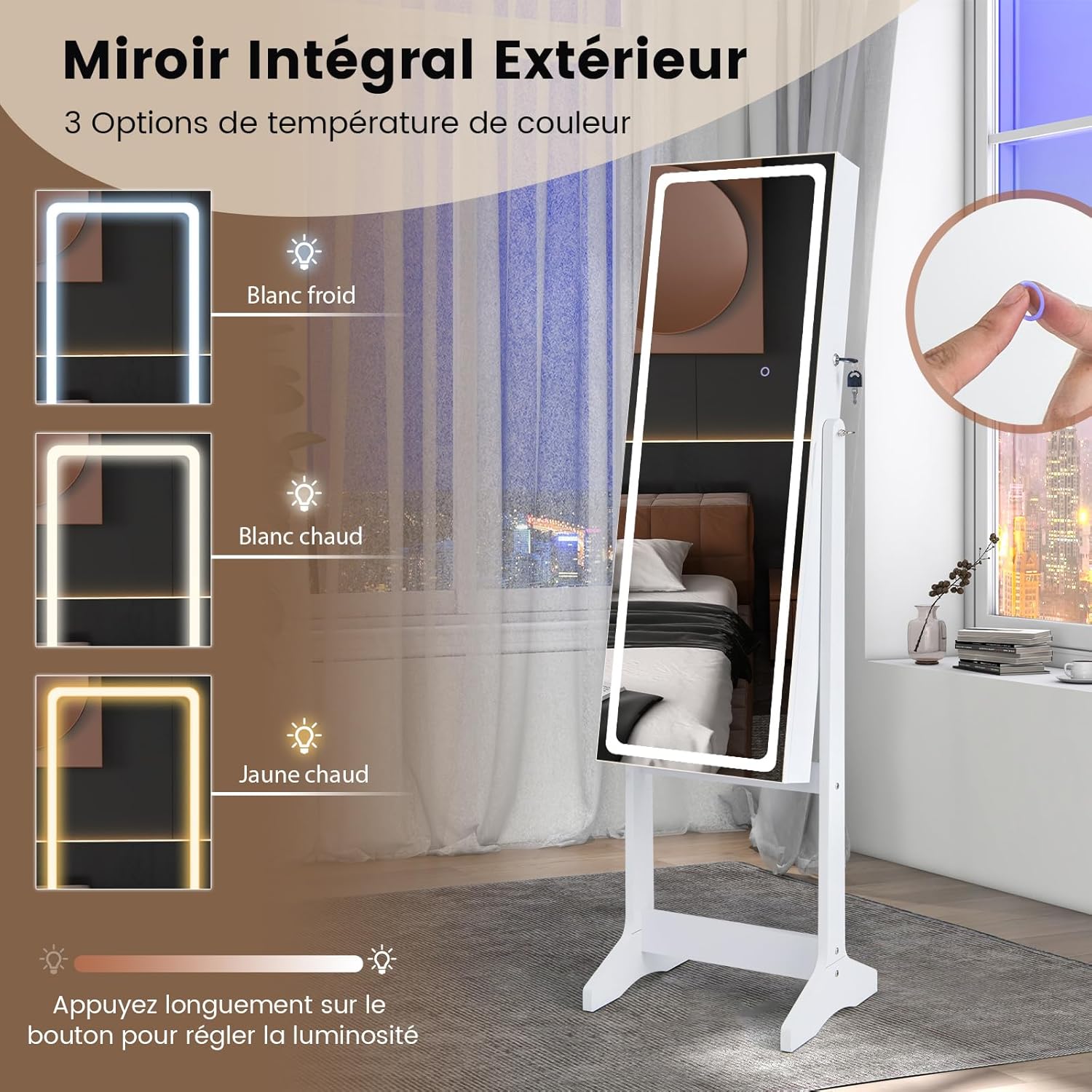 Armoire à Bijoux avec Miroir sur Pieds, Grand Miroir Psyché Sans Cadre avec Éclairage LED 3 Couleurs, avec 3 Angles Ajustables (Blanc) - 5