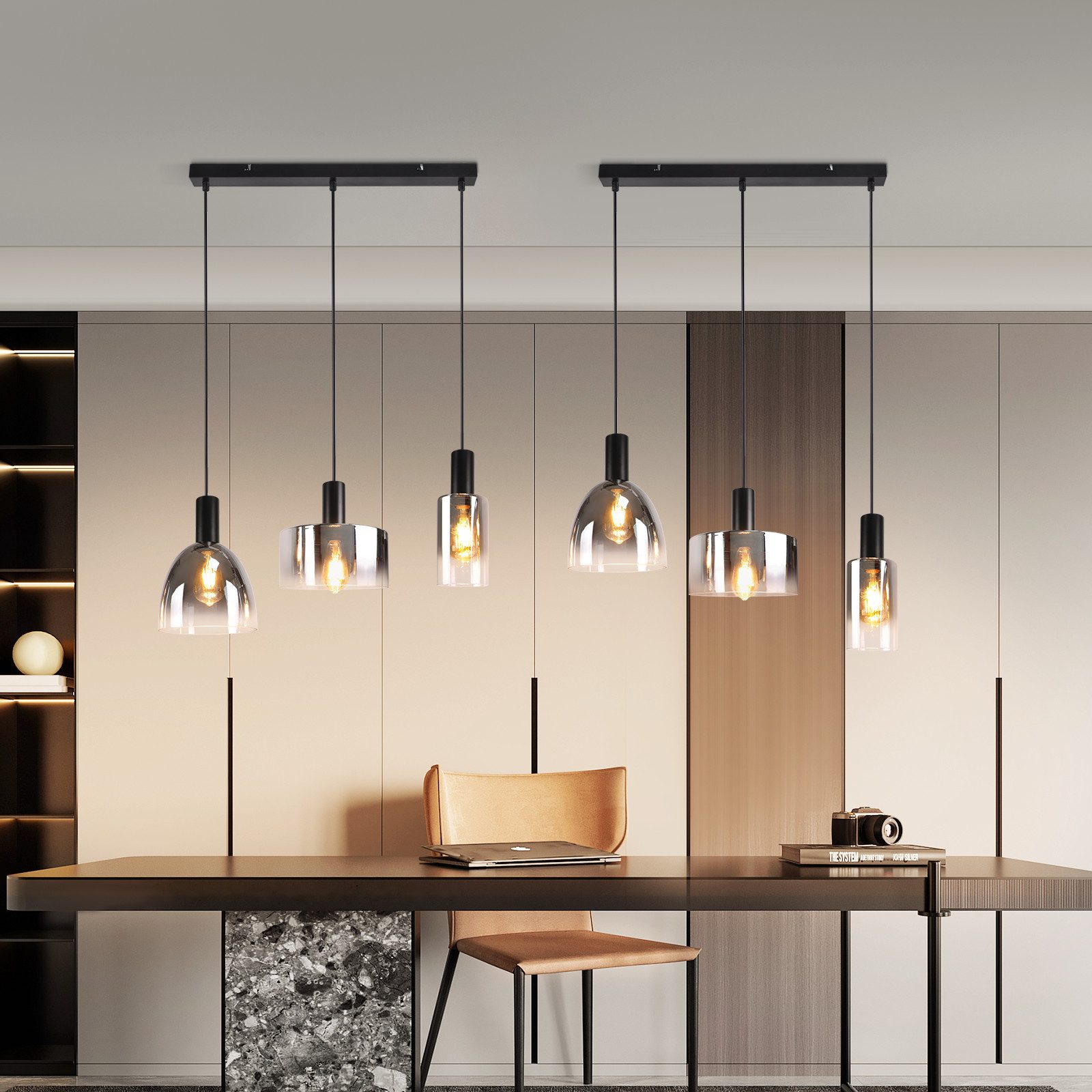 NETTLIFE Lampe à Suspension Pour Table à Manger Vintage En Verre Gris Fumé E27 Réglable En Hauteur Pour Salon - 9