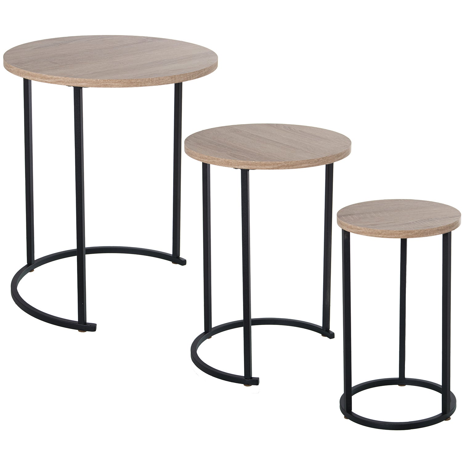 Set 3 mesas aux. madera patas metal negro sobre roble