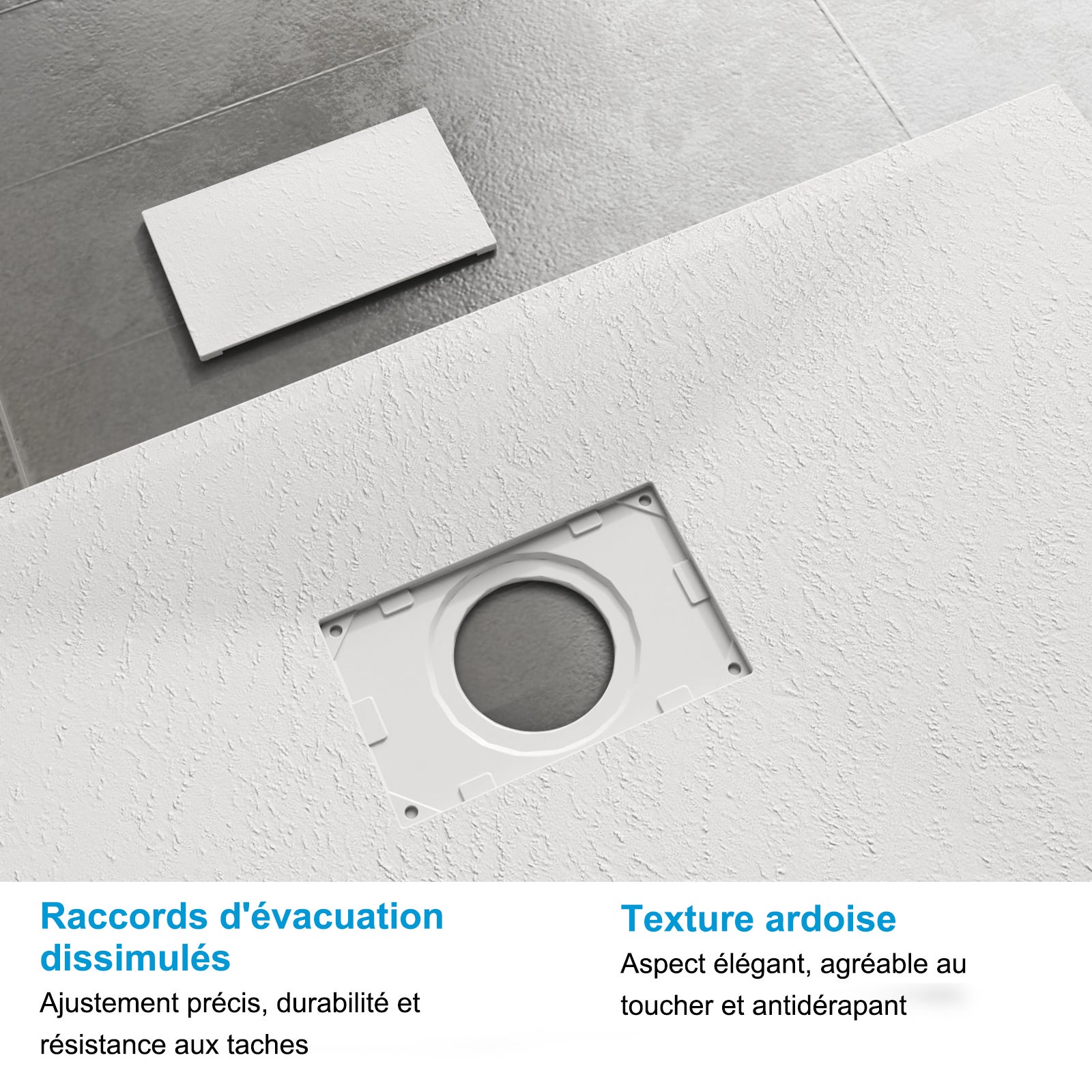 Heilmetz Receveur de Douche 90x90 cm Blanc Carré Ultra Plat en Résine Effet Pierre Antidérapant, avec bonde - 3