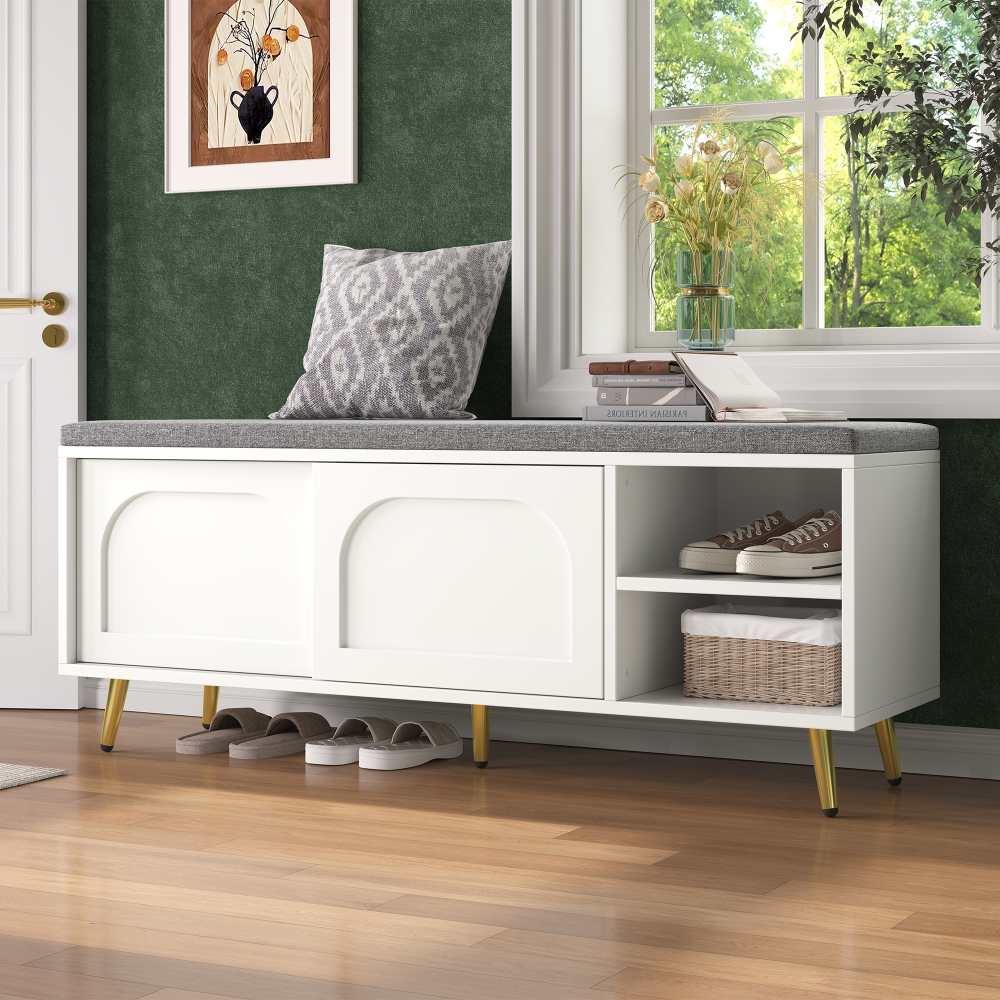 Banquette d’entrée blanche 121 cm – rangement chaussures, assise rembourrée, étagères réglables – 121x35x49 cm - 7