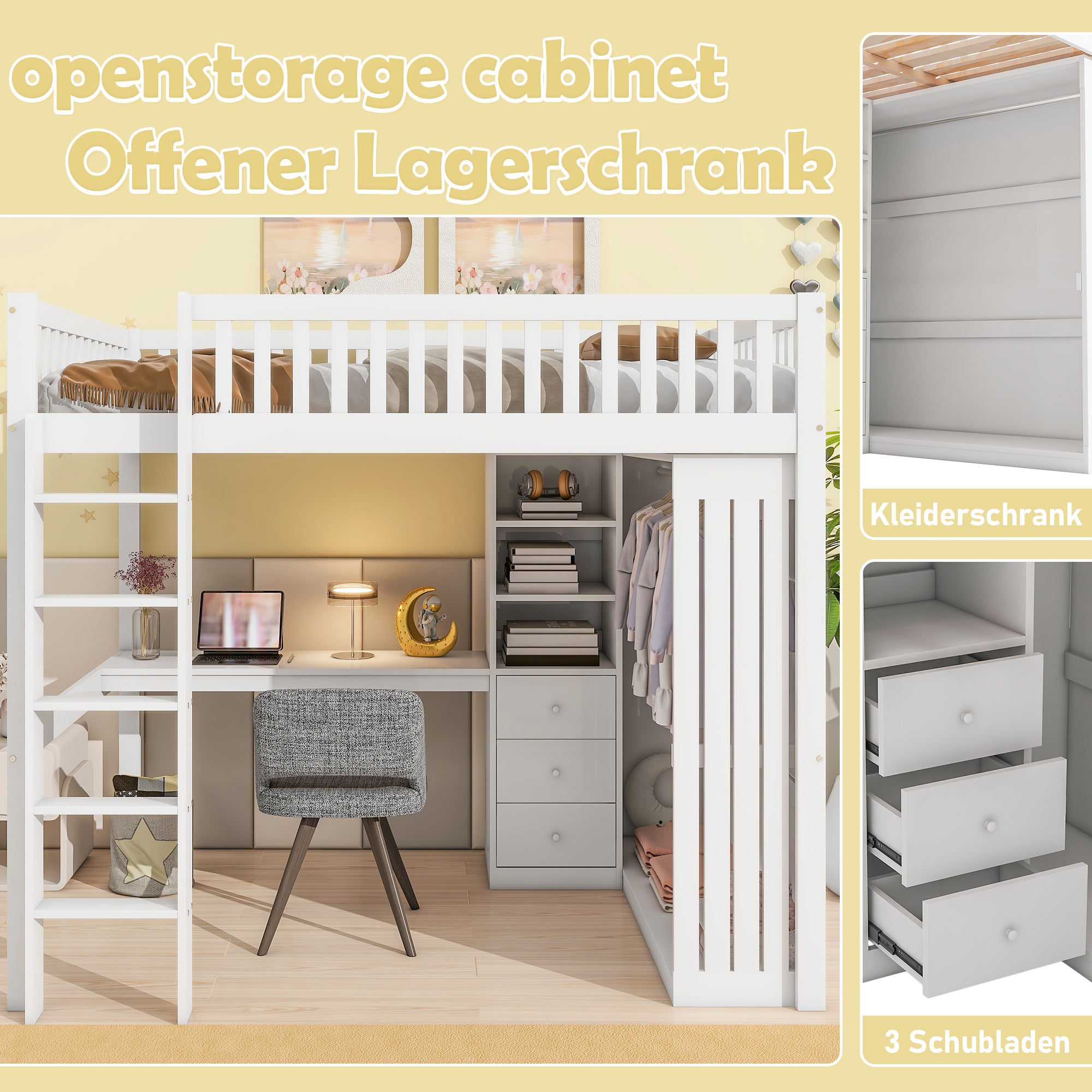 Letto a soppalco, 140 x 200 cm, scrivania, armadio, 3 cassetti, vano portaoggetti aperto, ringhiera, scale, senza materasso, bianco - 2