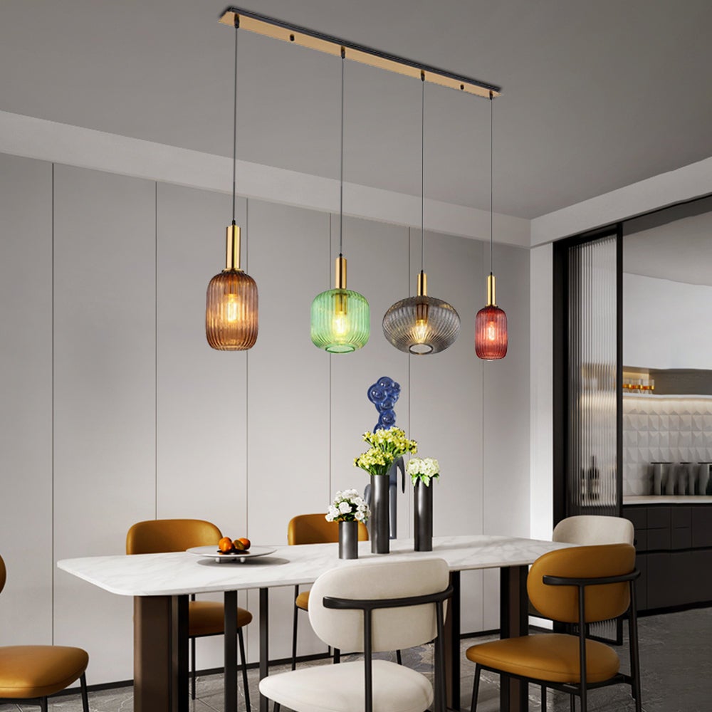 Suspension unique avec 3 abat-jours en verre cannelé, multicolore, diamètre 115 cm - 3