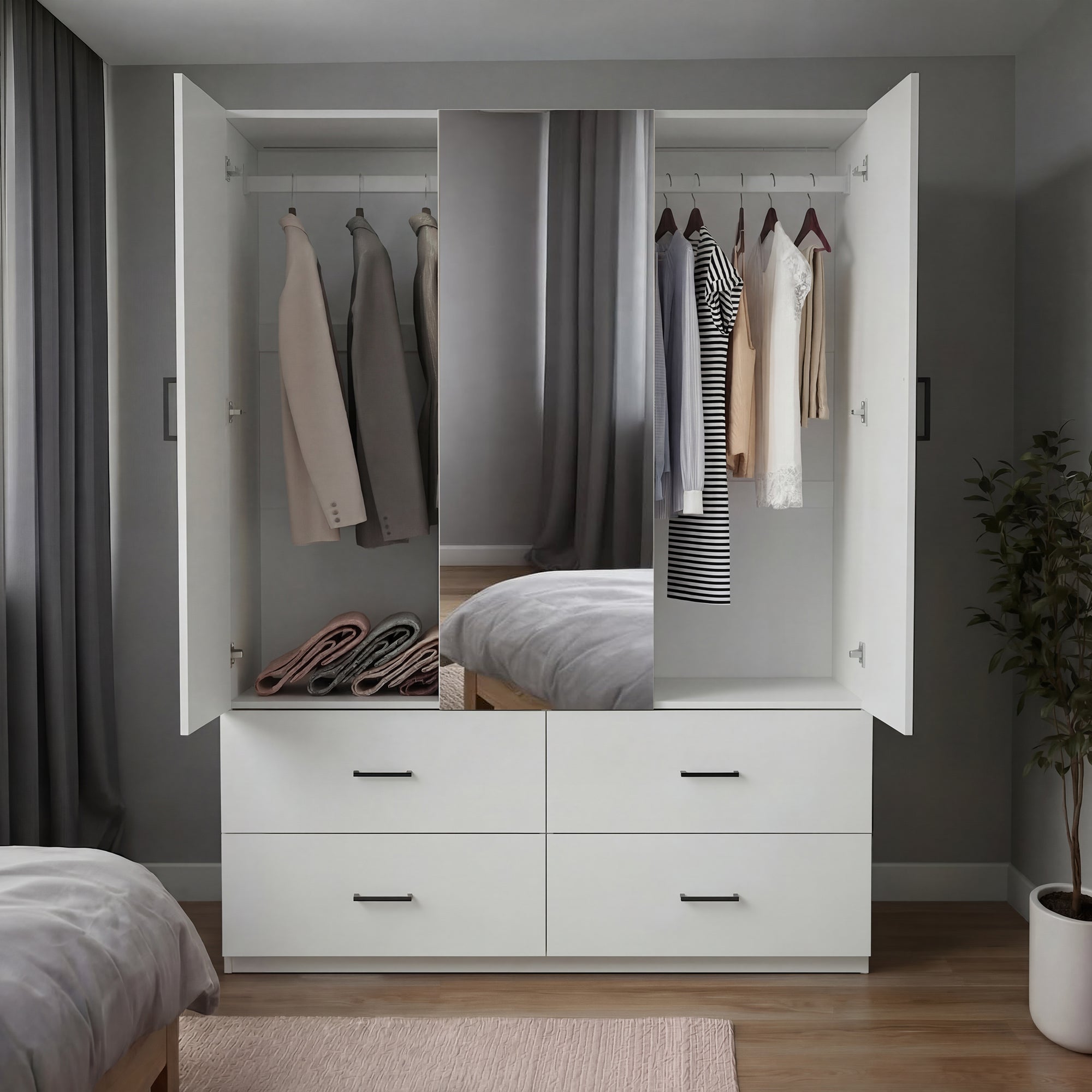 Armoire 2 portes et 4 tiroirs-L130 cm-étagères+penderie-Avec miroir-Kit dressing design simple-meuble chambre-Blanc - 2