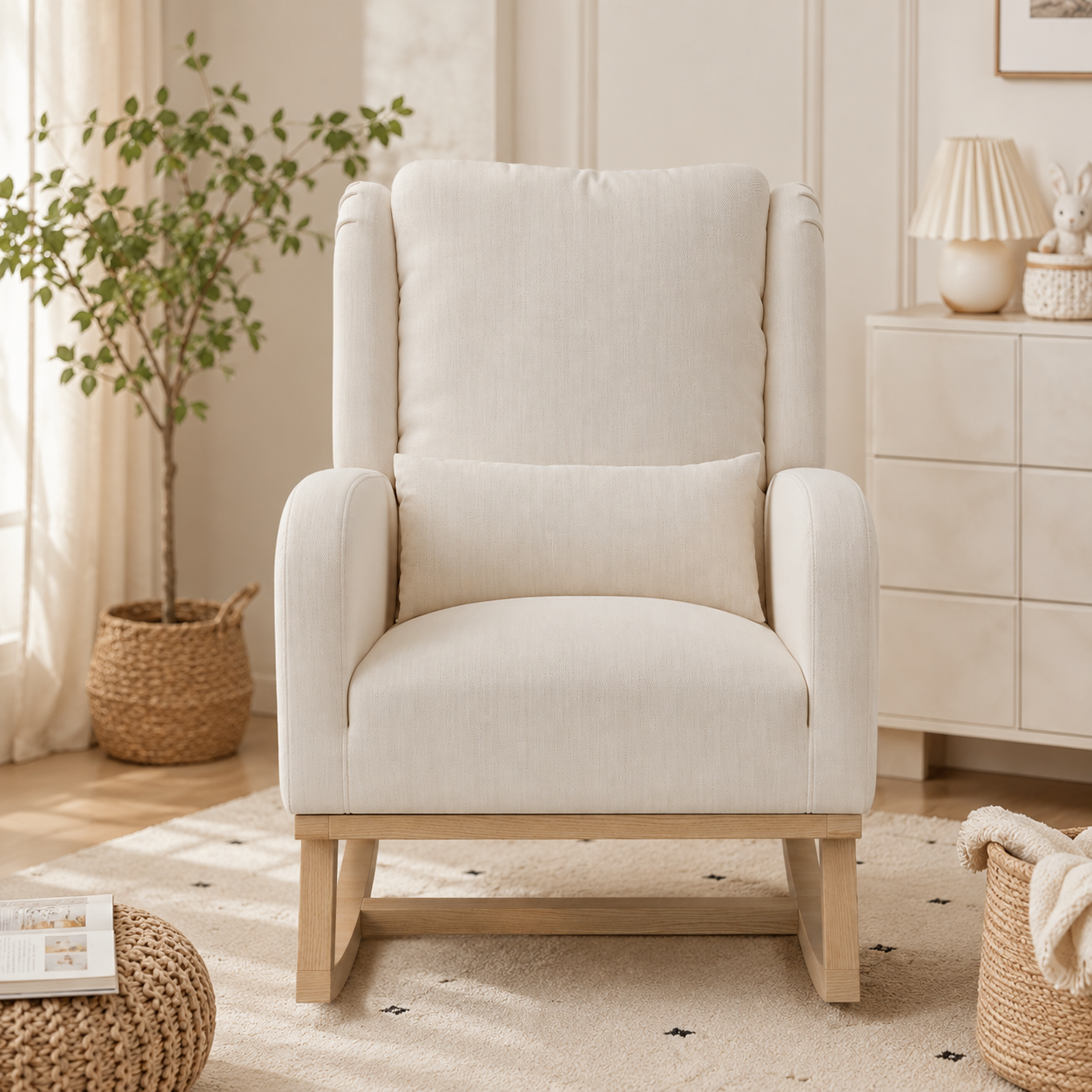 Rocking Chair avec Coussin Lombaire, Allaitement Fauteuil Avec Tapis Antidérapant et Accoudoirs, Chaise Loisir avec Pieds en E' Bois, Beige Lin - 9