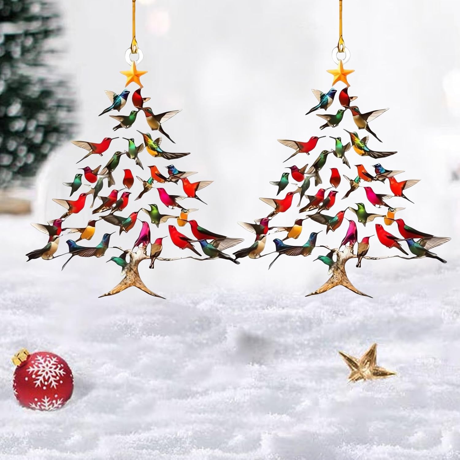 2 décorations de Noël colorées en forme de colibri,surface plane en acrylique,décorations pour arbres de Noël,cadeaux pour les amoureux des oiseaux - 7