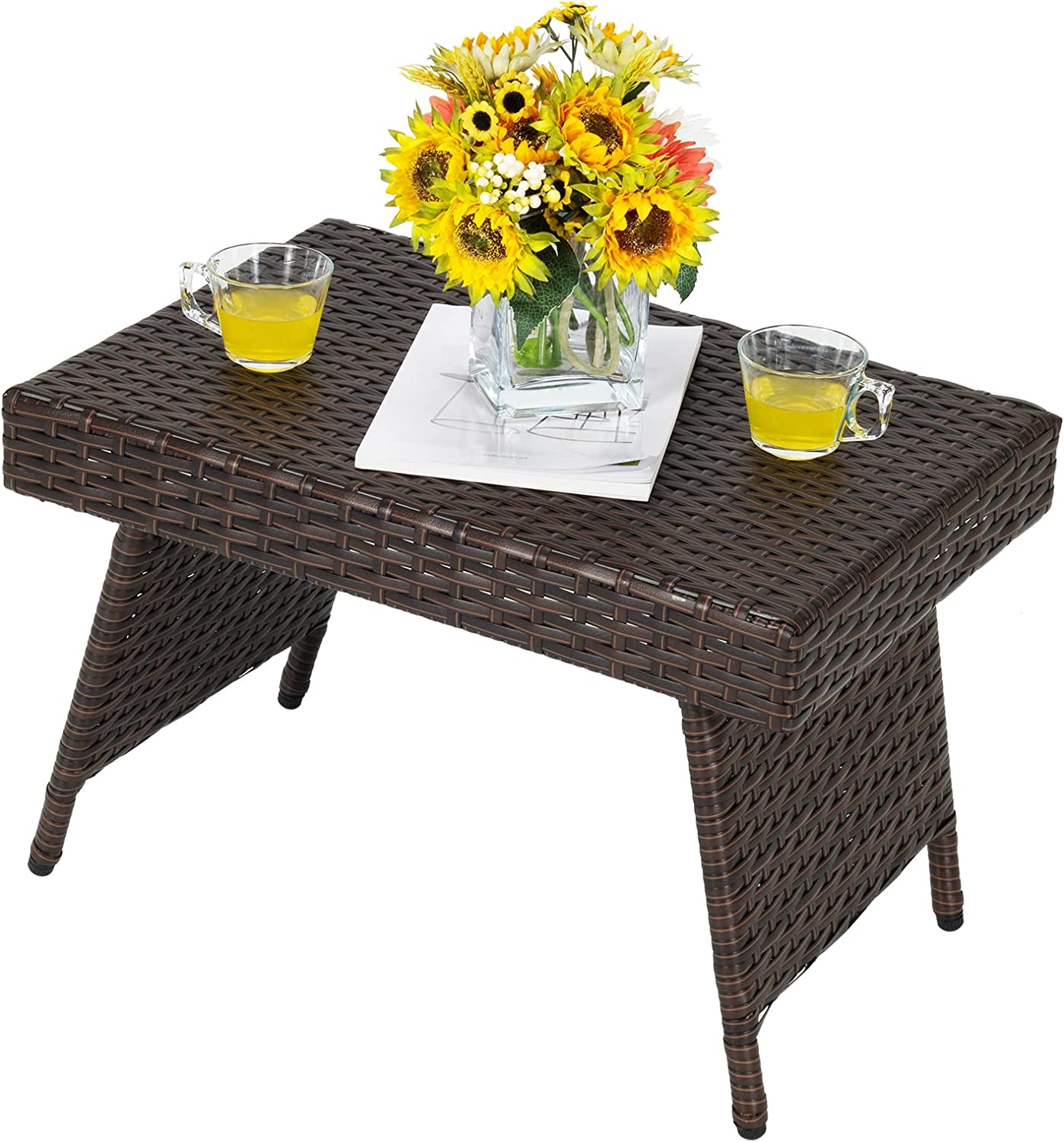 rattanowy składany stolik boczny, polietylenowy stolik kawowy ogrodowy bistro, 60 x 40 x 40 cm stolik kawowy do ogrodu salonu balkonu brązowy