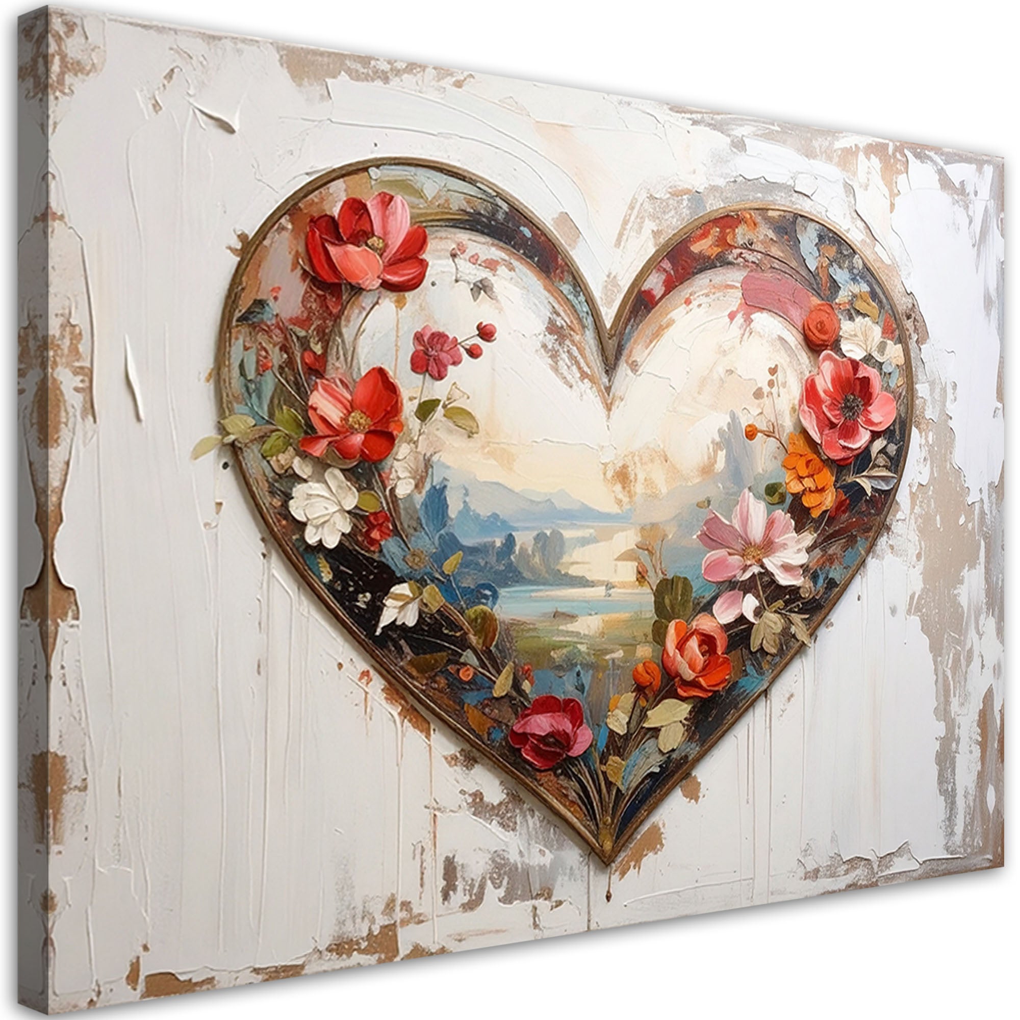 Obraz do salonu sypialni, 3D Serce miłość kwiaty w stylu shabby chic 60x40