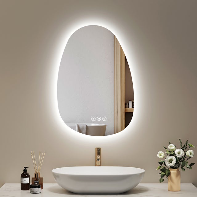 EMKE Asymetryczne Lustro łazienkowe z oświetleniem LED 65x45 cm, z 3 barwy światła, możliwość ściemniania, przeciwmgielne, funkcja pamięci, IP44