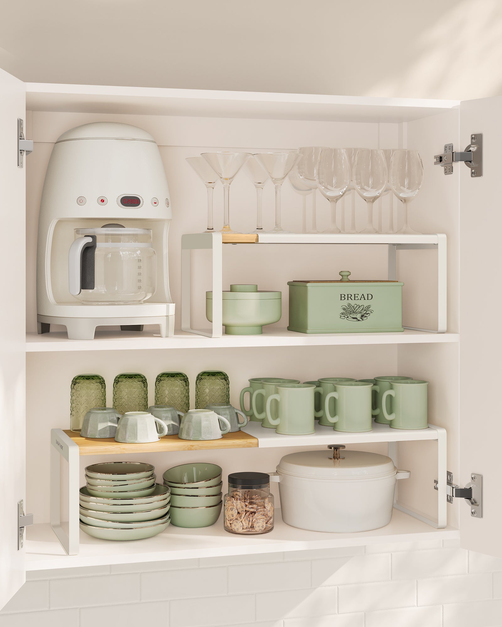 Estante organizador de cocina extensible, apilable, para armario o encimera, bambú claro y blanco - 3