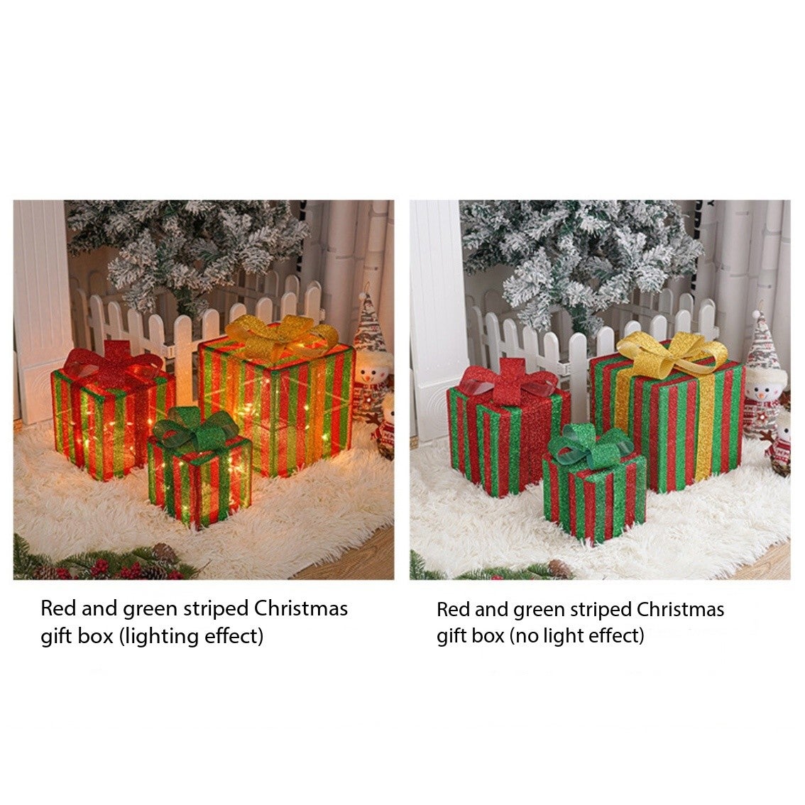 MorTime - Set di 3 scatole regalo a LED con fiocchi verdi, scatole rosse illuminate con 60 luci a LED per Natale, interni, esterni, casa, cortile