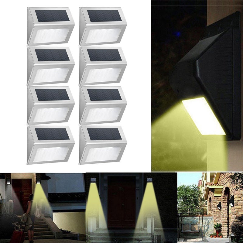 Zestaw 8 trójkątnych solarnych lamp ściennych zewnętrznych, oświetlenie dekoracyjne, stal nierdzewna [3 diody LED ciepłe światło]