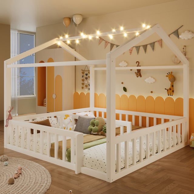 Lit enfant enfant Lit double 180x190 cm avec barrière, 90x190 cm x2 , style minimaliste, pin, LED intégrées, blanc