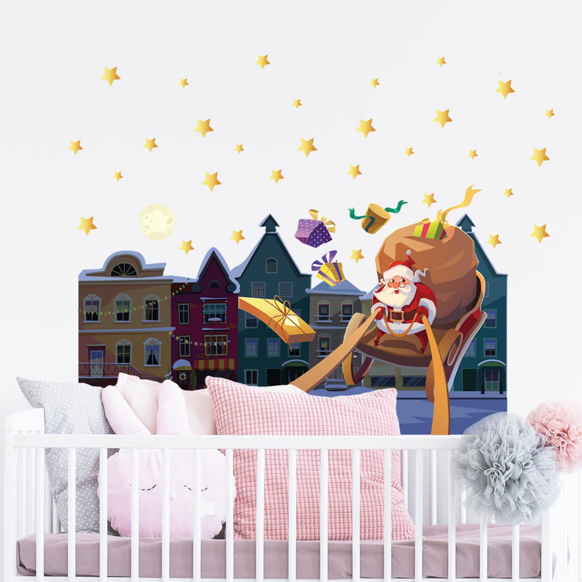 Sticker Noël le père noël dans la ville - Autocollants stickers adhésifs noël - décoration fêtes - 110x165cm - 6