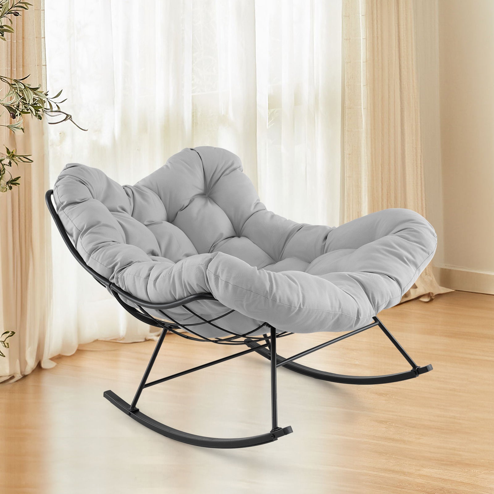 Fauteuil à Bascule Forme Œuf Intérieur & Extérieur, Chaise Papasan Surdimensionnée avec Coussin Rembourré, Cadre en Métal, , Charge 205 kg, Gris Clair - 9