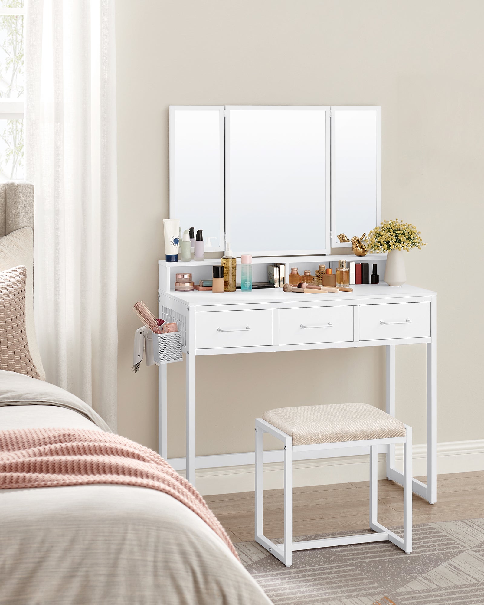 Coiffeuse LED Avec 10 Globes Lumineux, Miroir Grand Angle, Prise USB Et Tabouret - Blanc