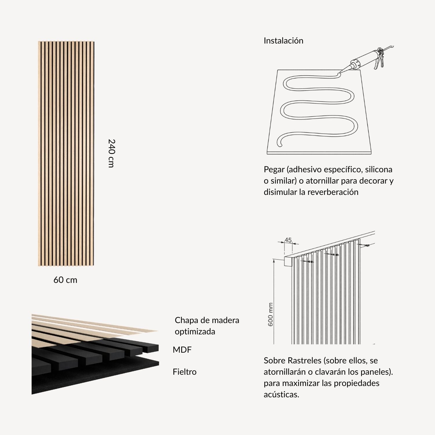 Panel acústico decorativo 240x60 cm Roble | Fabricado en madera natural optimizada sobre MDF con base de fieltro acústico - 3