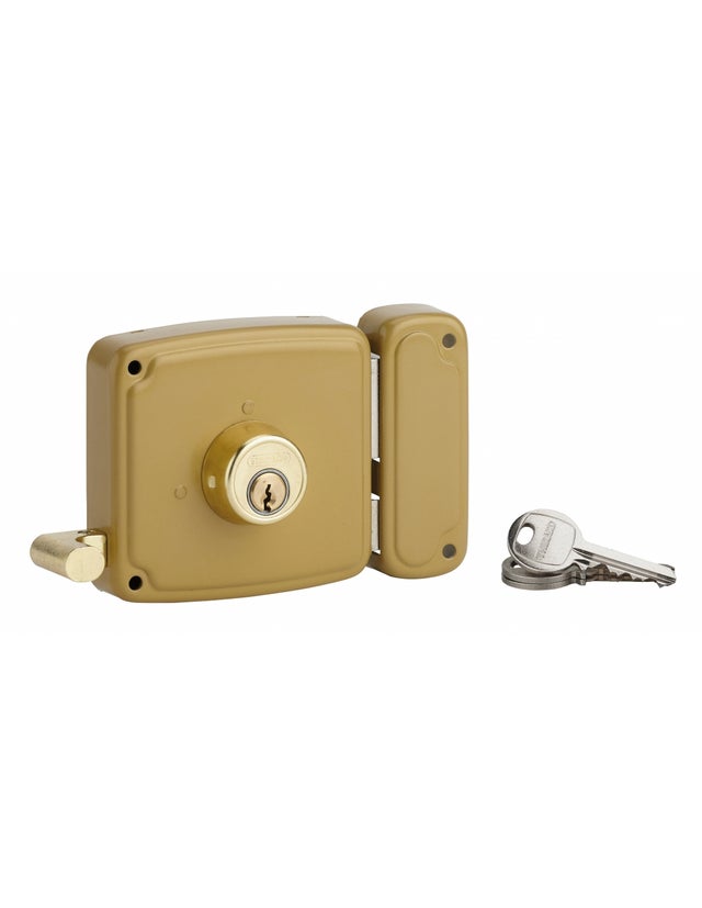 THIRARD - Serrure horizontale en applique double entrée à tirage pour porte d'entrée, droite, 100x94mm, axe 50mm, marron, 3 clés - THIRARD