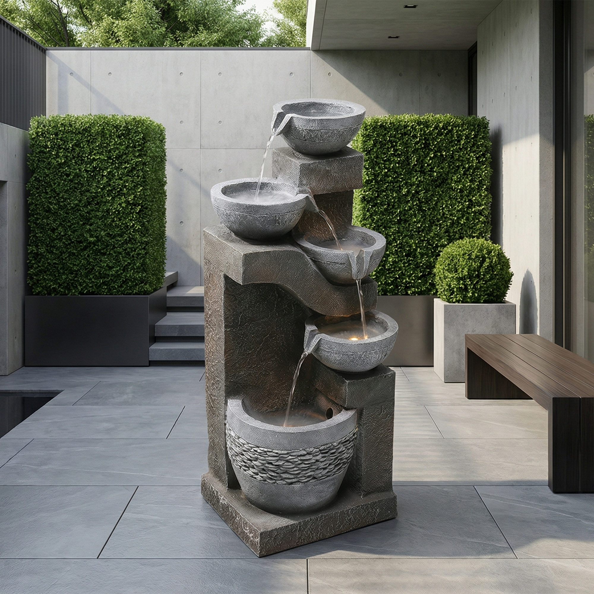 Fontaine de jardin LED avec pompe 5 W - Résine effet pierre naturelle - 33,5 x 30,5 x 77,5 cm - Gris - 2