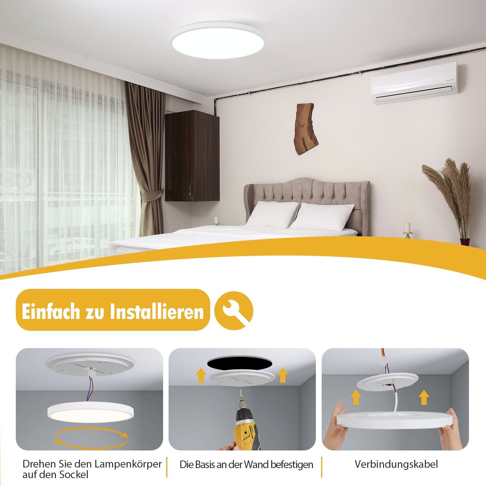 NETTLIFE Lámpara de techo LED Diámetro 30 cm Lámpara de cocina plana Lámpara redonda blanca 24 W Dormitorio IP44 6000 K Lámpara de pasillo para baño - 6