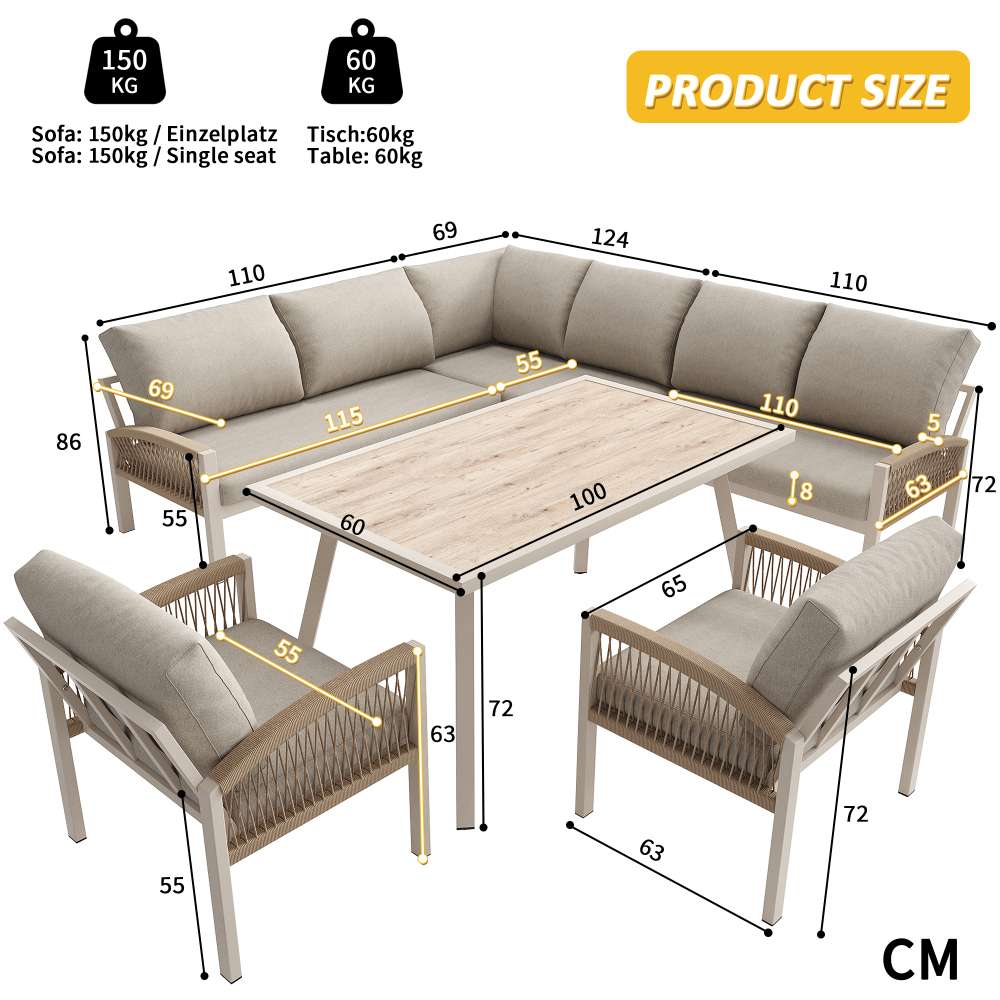 Sofá de jardín en L para 8 personas con estructura de metal, cojines beige, mesa con vidrio efecto madera y 2 sillones trenzados, resistente al clima - 8