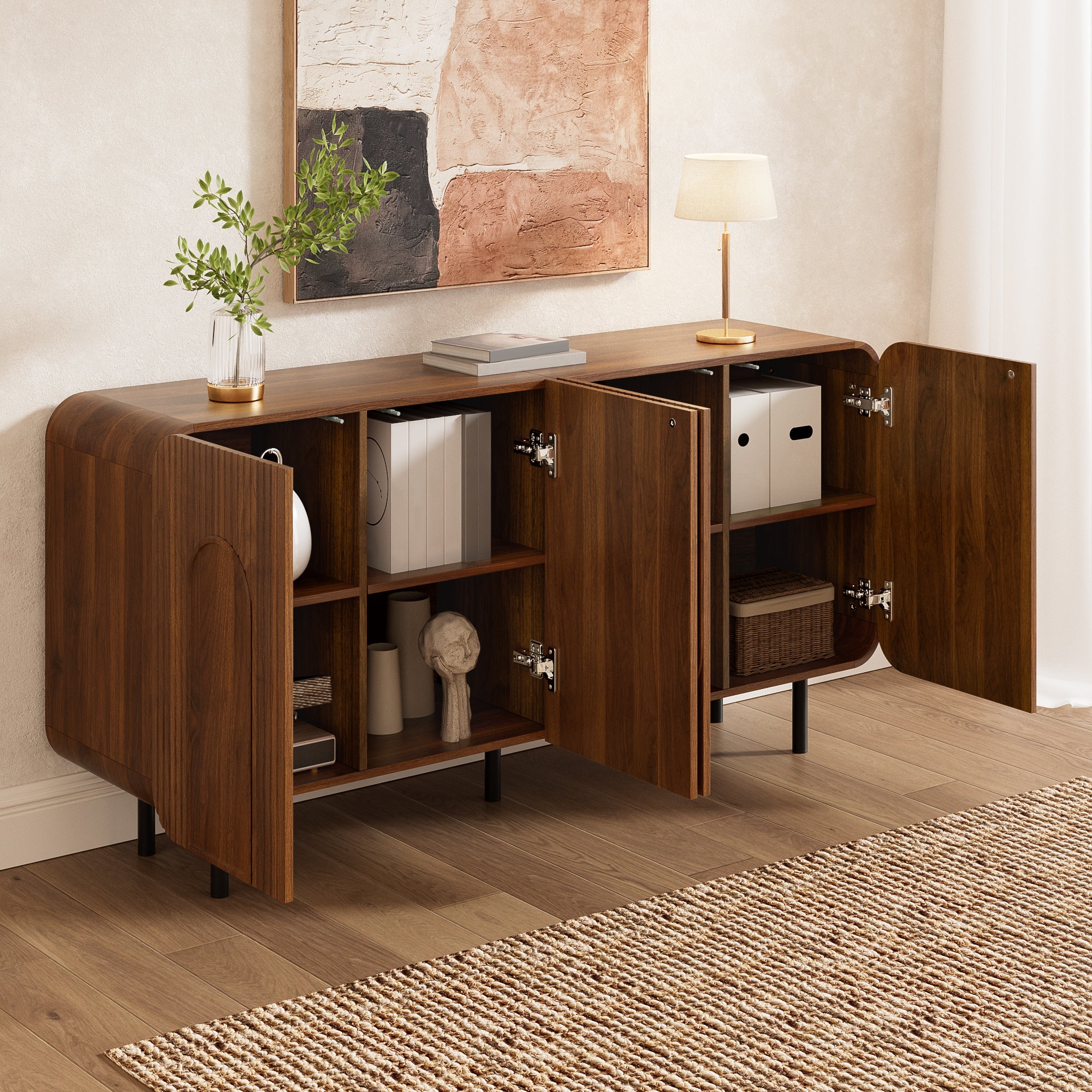 Buffet avec 4 portes et étagères réglables - 160 x 40 x 79 cm - MDF et panneaux de particules - Pieds en métal - Design mid-century - Noyer - 3