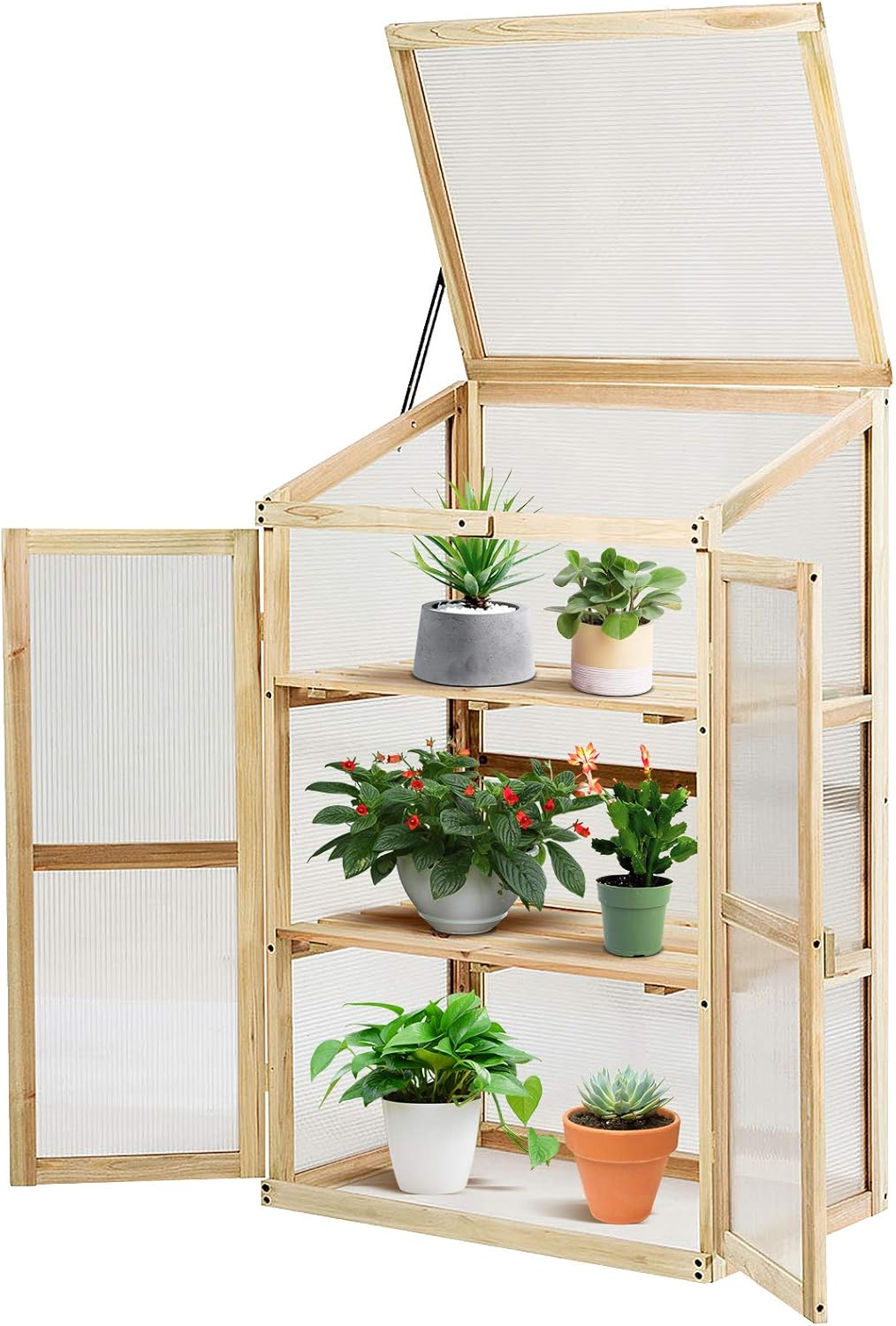 Drewniana Szklarnia 3-poziomowa z Odchylaną Pokrywą, 60 x 45 x 100 cm, do Ogrodu, Balkonu, Naturalna