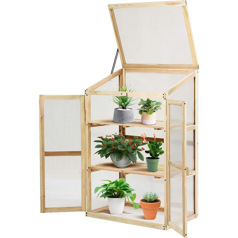 Drewniana Szklarnia 3-poziomowa z Odchylaną Pokrywą, 60 x 45 x 100 cm, do Ogrodu, Balkonu, Naturalna