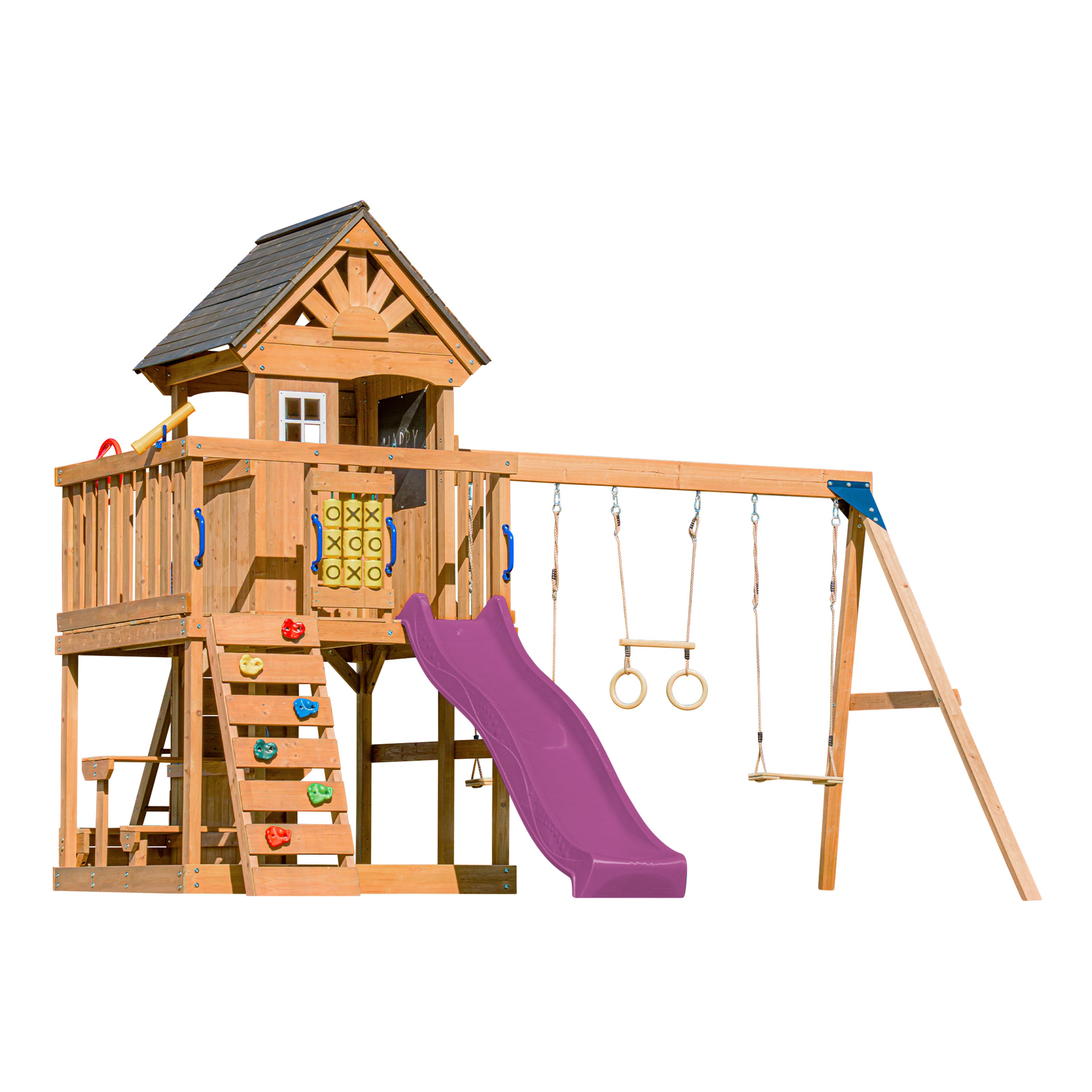 AXI Jack Casita de madera con columpios, tobogán violeta