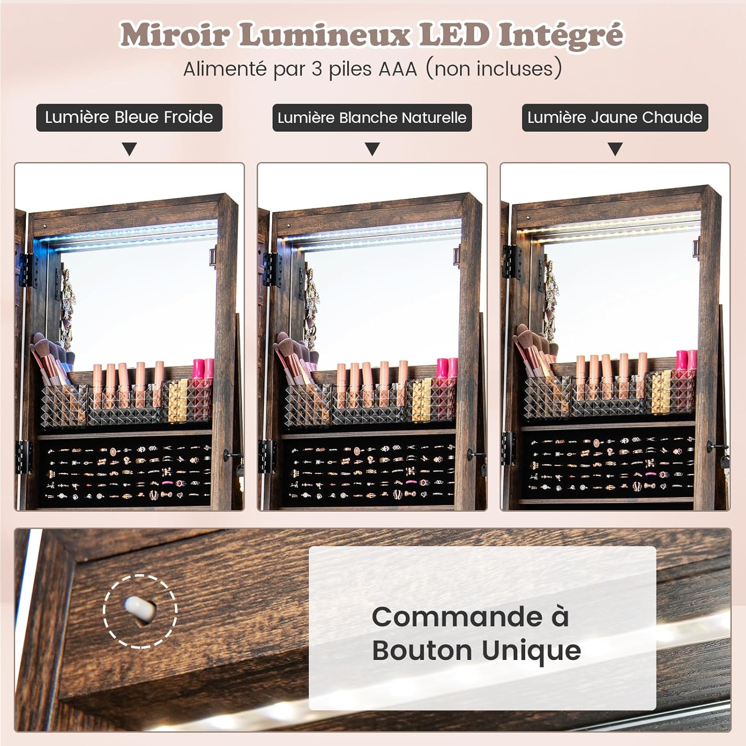Armoire à Bijoux sur Pieds Mobile avec Miroir Psyché sans Cadre, Lumières LED et Miroir de Maquillage Intégré, Verrouillable, Café - 5